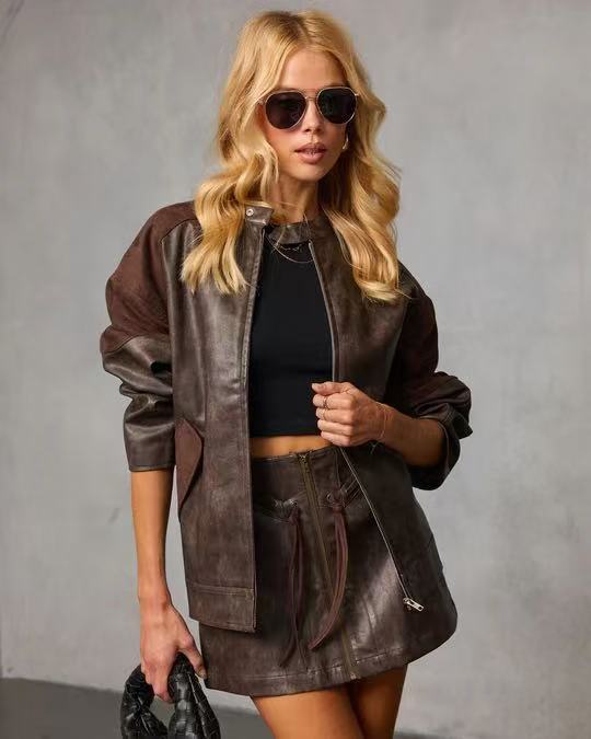 Vintage Faux Leather Stitching Contrast Color Coat Sexy Rope Design Hip Skirt Sets