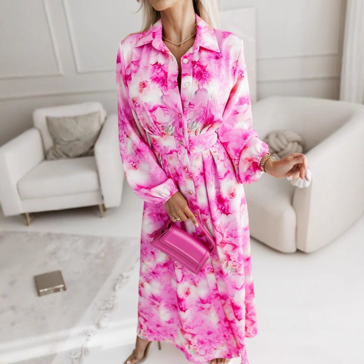 Women Clothing Dress Autumn Floral Print Slit Midi Dress Women Clothing