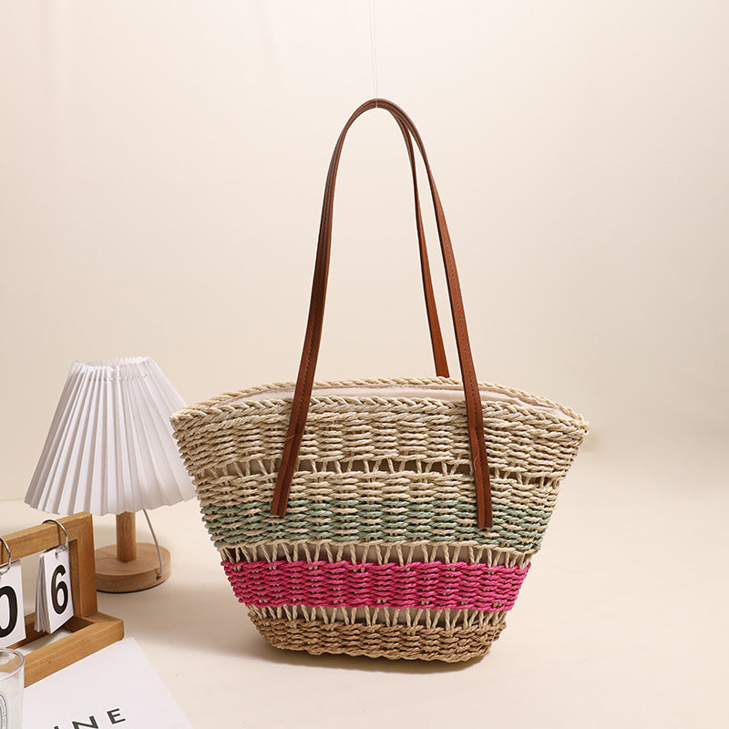 Colorful Striped Shoulder Straw Bag Large Capacity Straw Bag Woven Bag Rattan Women Bag Portable Vegetable Basket