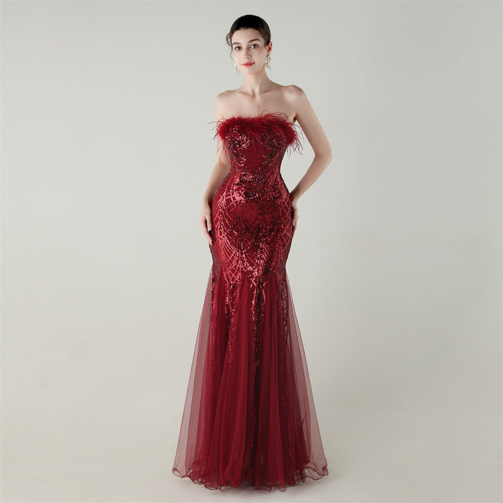 Sequin Beaded Tube Floral Ostrich Feather Tube Top Cross Strap Mesh Fishtail Evening Dress Cocktail Wedding