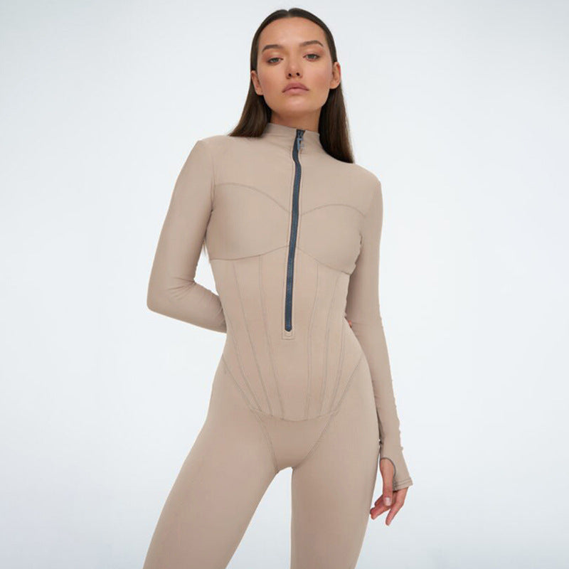 Women Clothing Sexy Tight Zipper Jumpsuit Autumn Long Sleeve round Neck Leggings