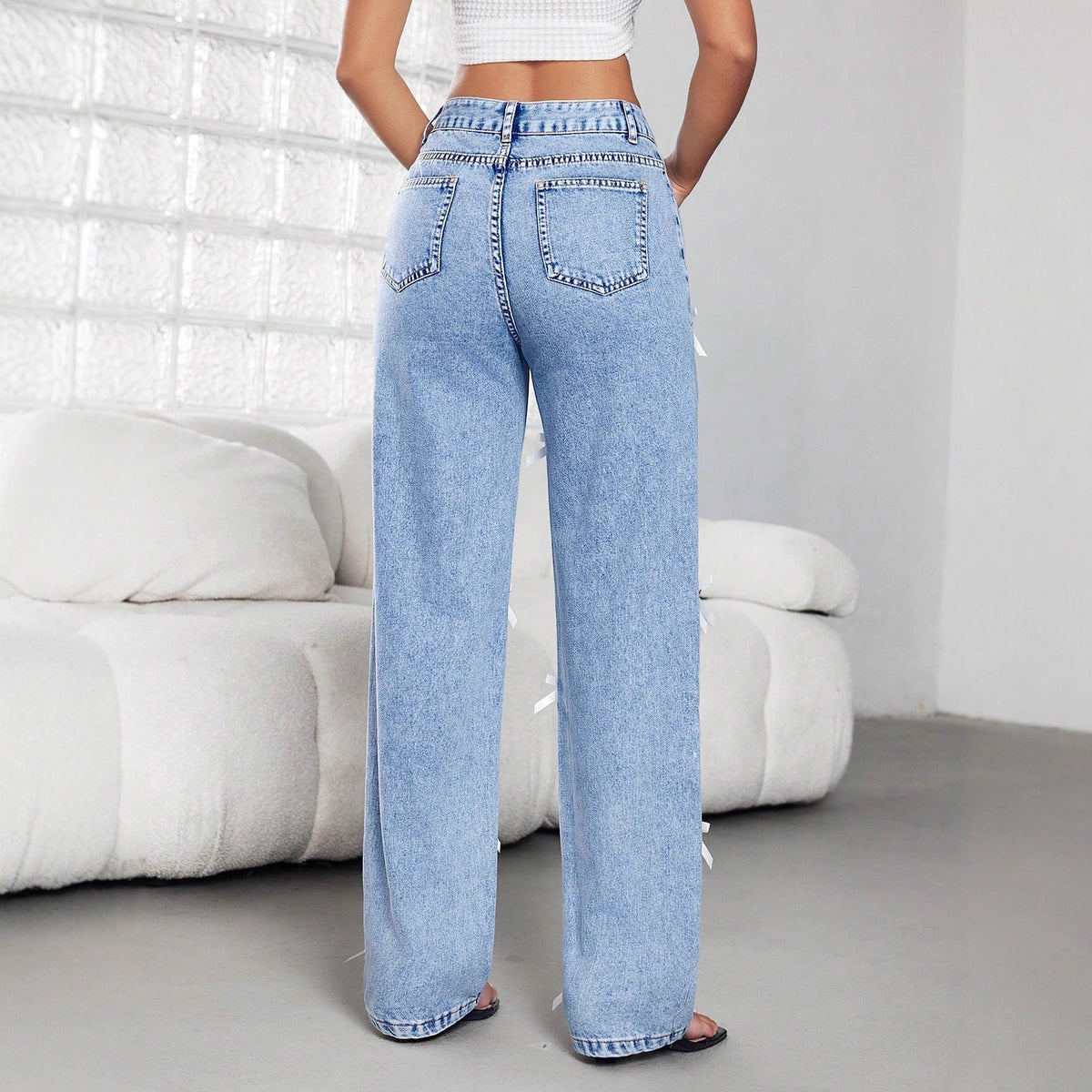 Bow Ribbon Women' Four Seasons Women Wide Leg Denim Trousers
