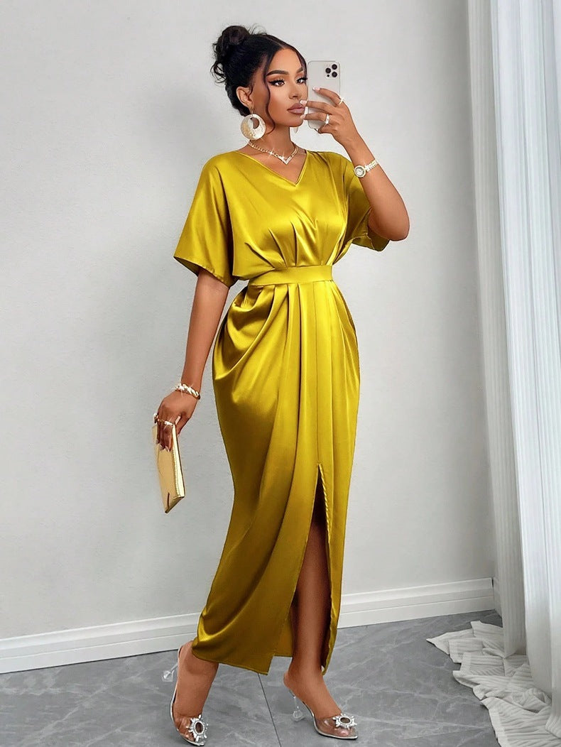 Women Clothing Early Autumn Satin Dress Ball Gown Satin Waist Tight Maxi Dress