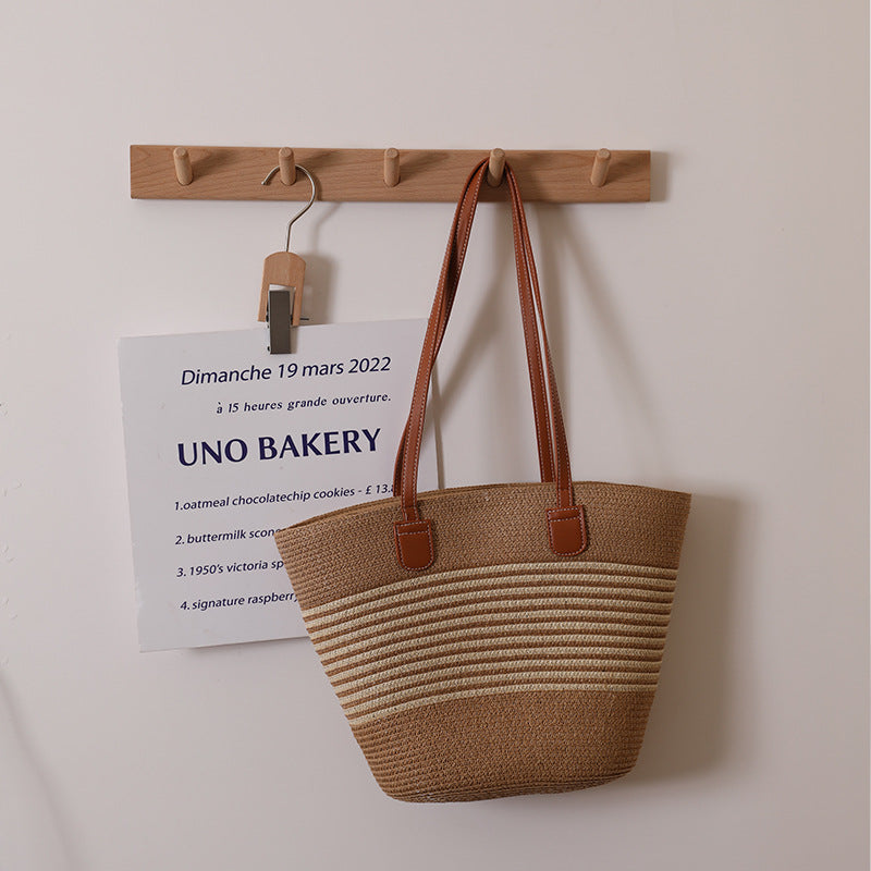 Striped Shoulder Straw Bag Woven Bag Summer Large Capacity Casual All Match Women Seaside Beach Rattan Woven Bag