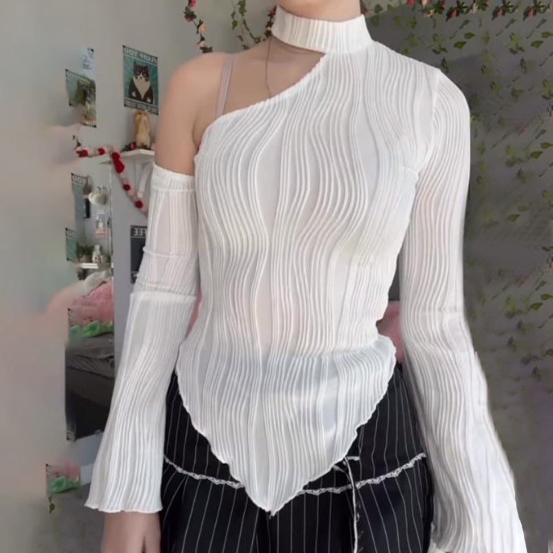 Spring Women Clothing Strip Sexy Street Long Sleeve Diagonal Collar Halterneck T Shirt Women