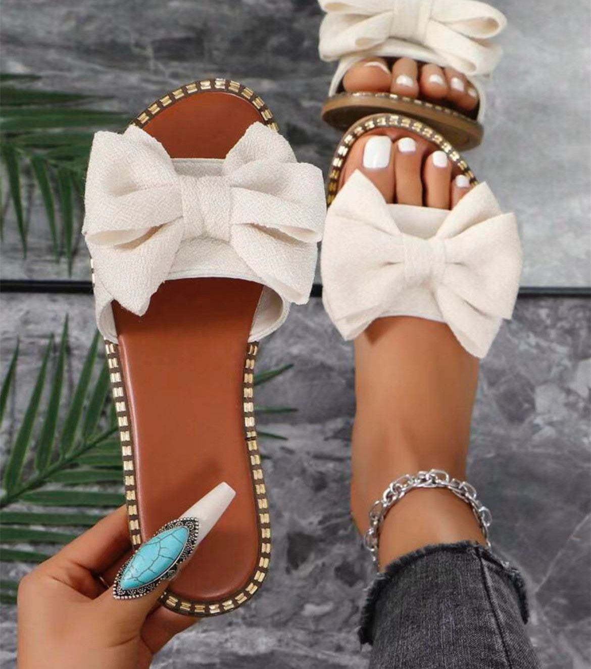 Arrival Flat Bottom Rhinestone Bowknot Slippers Women Outer Wear Solid Color Lightweight Cloth Sandals