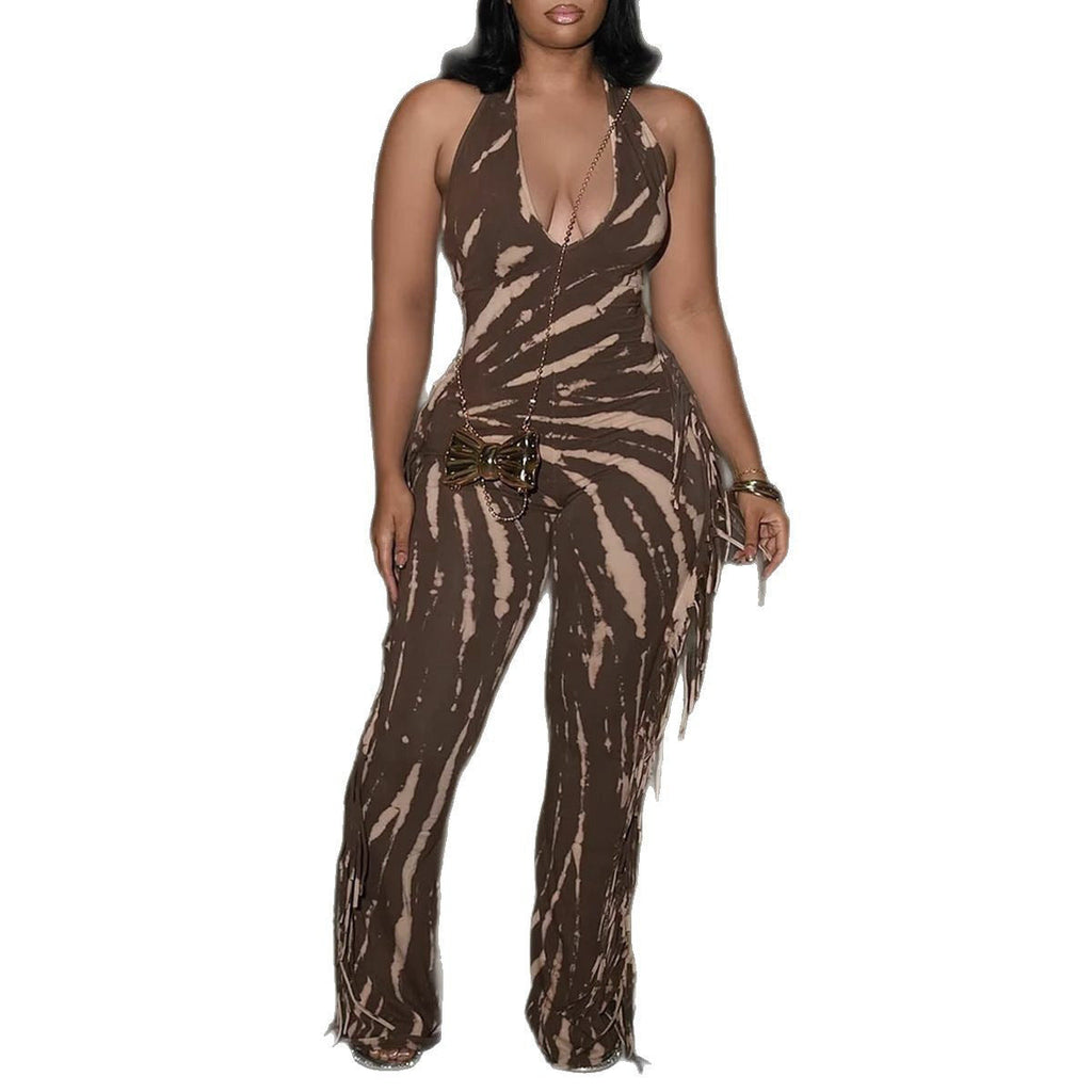Elegant Sexy Slim Fit Stretch Backless Tassel Printed Halter Strap Micro Pull Jumpsuit