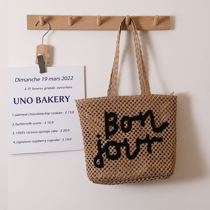 Letter Graphic Embroidery Woven Bag All Match Shoulder Hollow Out Cutout Straw Bag Vacation Beach Bag Women Bag