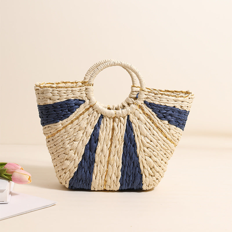 Pastoral Large Capacity Portable Straw-Weaved Bag Contrast Color Hand Carrying Straw Bag Woven Bag Vacation Beach Bag Vegetable Basket