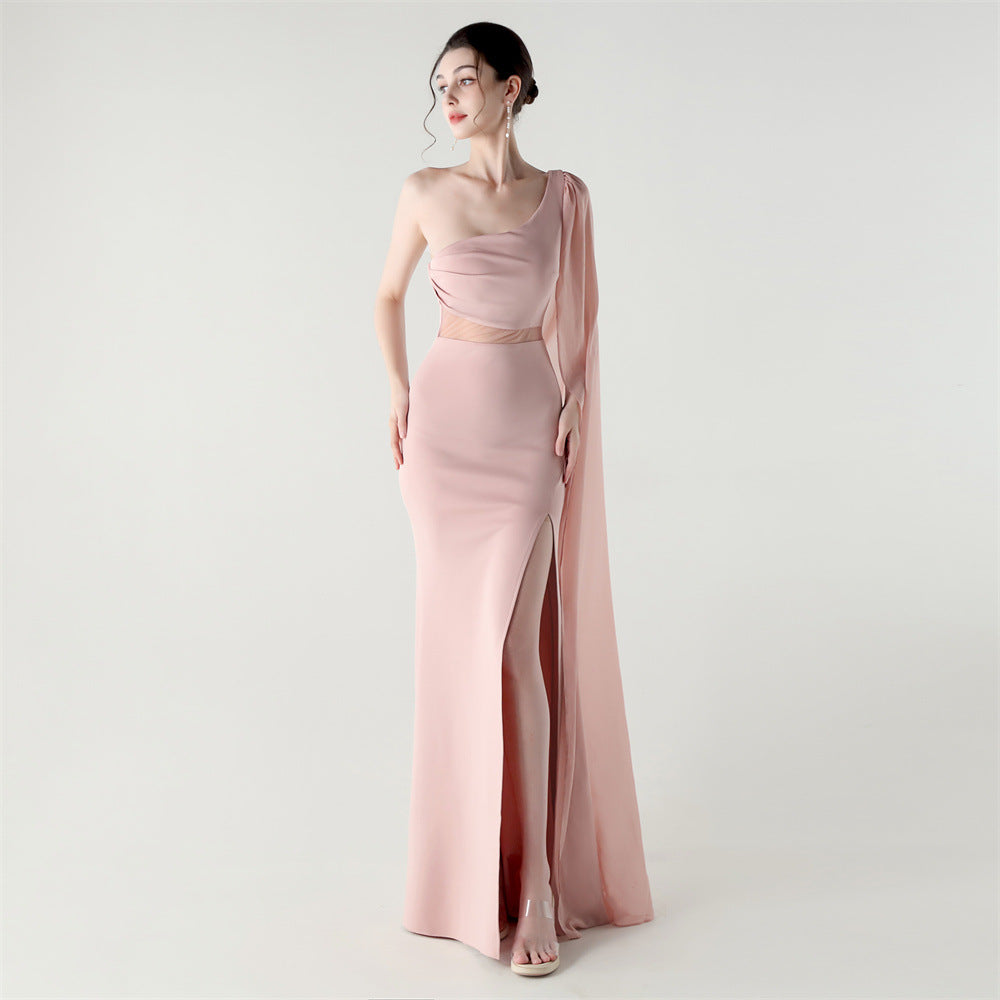 Single Shoulder Crossbody Stitching Mesh Design Satin Slim Cocktail Dress Evening Dress