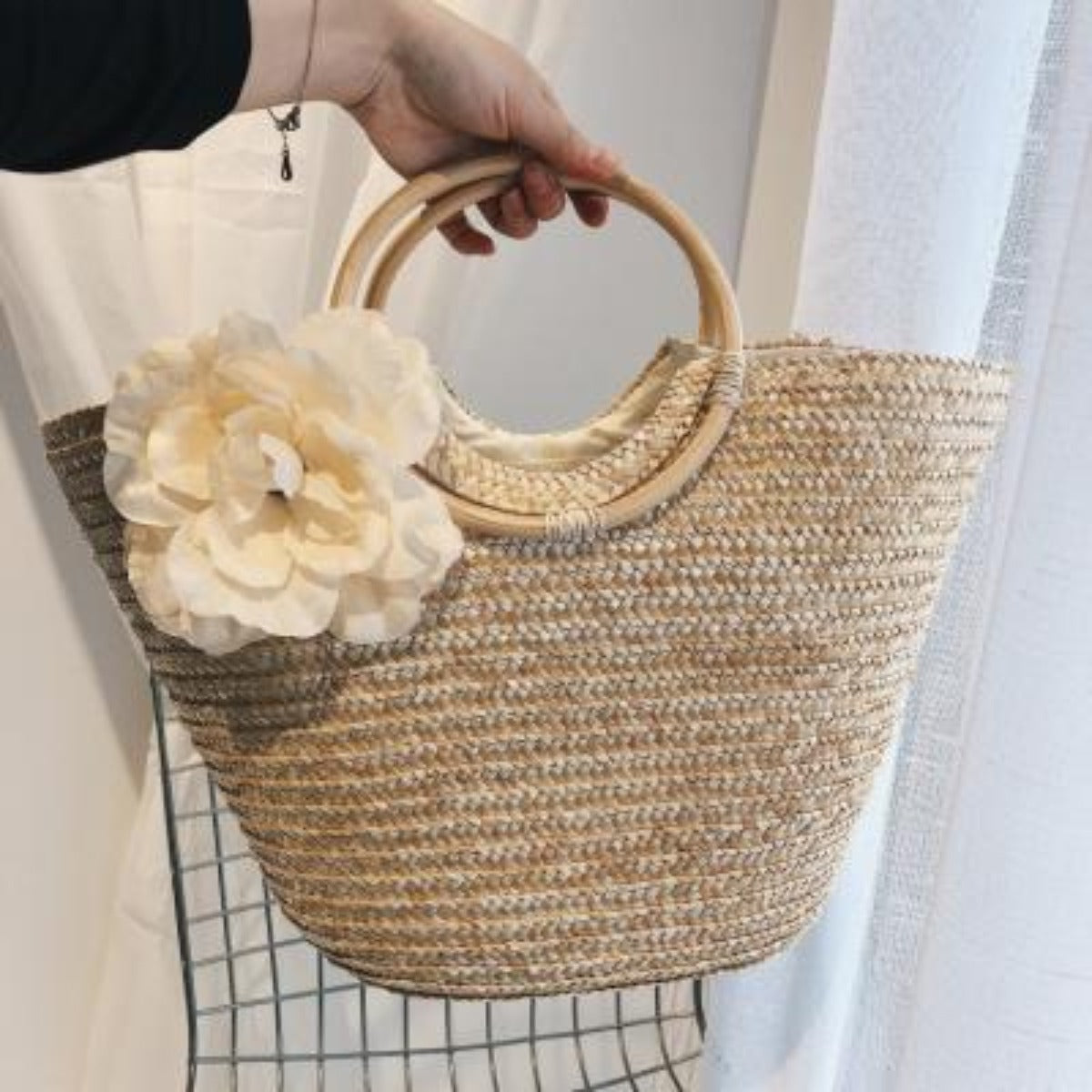 Woven Straw Totebag with Flowers