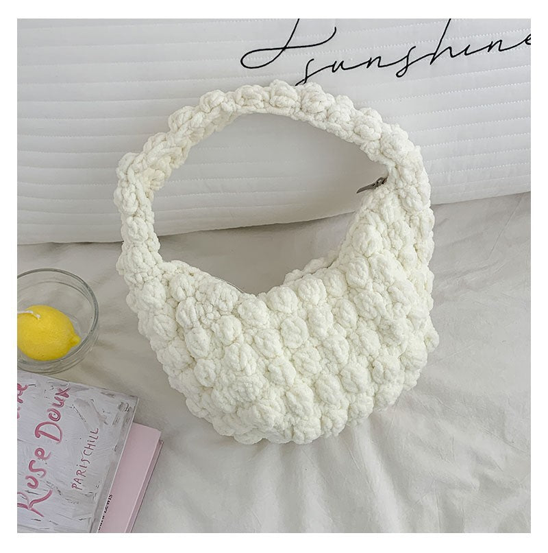Cute Portable Beanie Straw Bag Handmade Crocheted Solid Color Hand Carrying Woven Bag Women Seaside Vacation Beach Bag