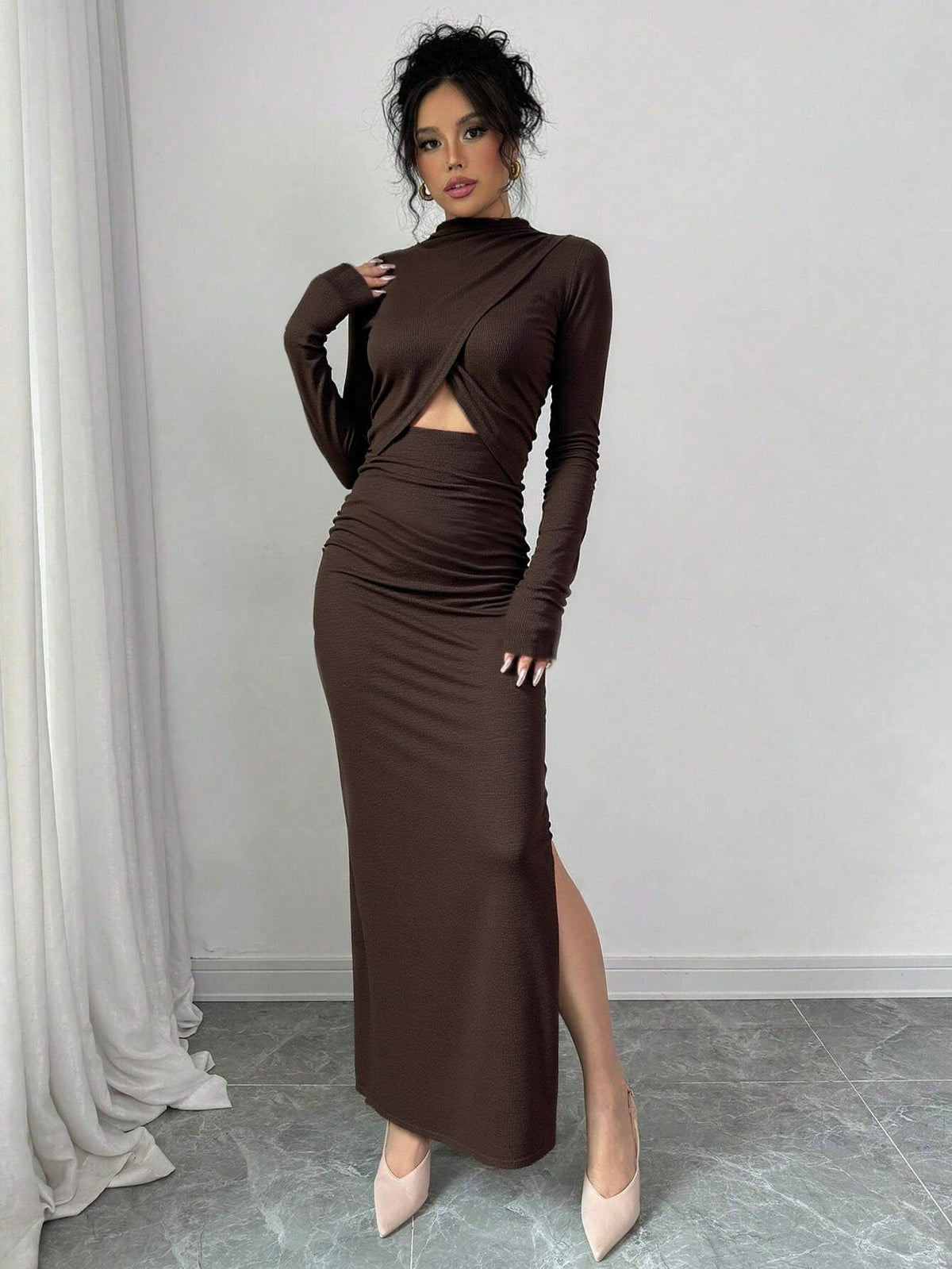 Autumn Winter Sexy Slit Slim Fitting Cropped Outfit Long Sleeve Mid Length Long Sleeve Dress