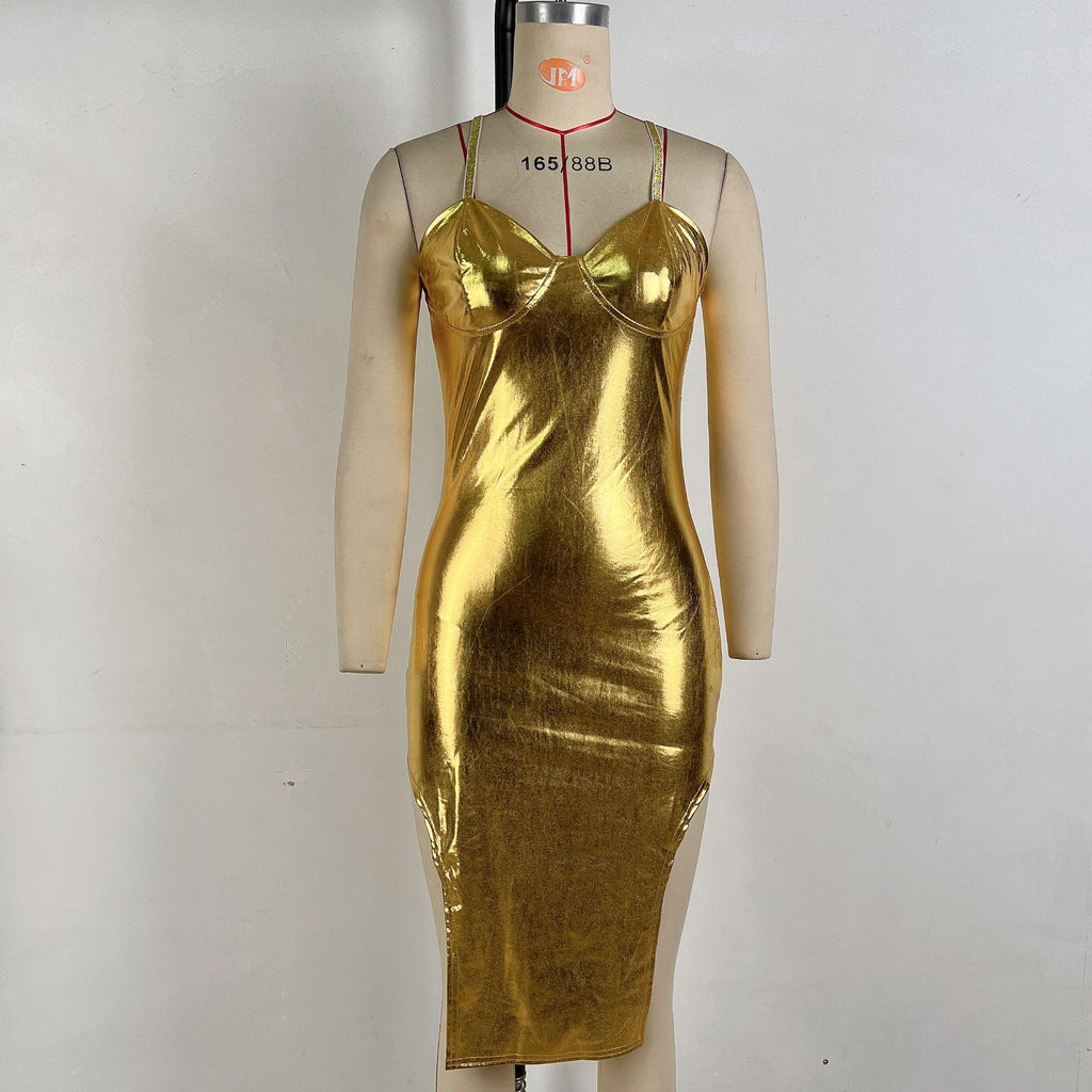 Women Clothing Autumn Bronzing Color Tube Top Sexy Waist Tight Hip Bag Irregular Asymmetric Spaghetti Strap Dress Women