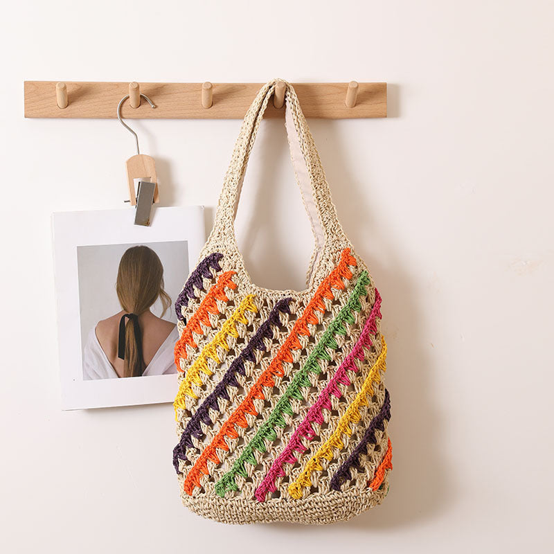 Colorful Striped Shoulder Straw Bag Hollow Out Cutout Woven Bag Vacation Beach Bag Casual Women Bag
