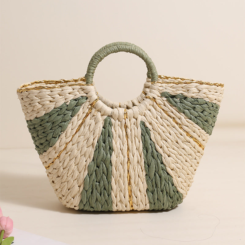 Pastoral Large Capacity Portable Straw-Weaved Bag Contrast Color Hand Carrying Straw Bag Woven Bag Vacation Beach Bag Vegetable Basket