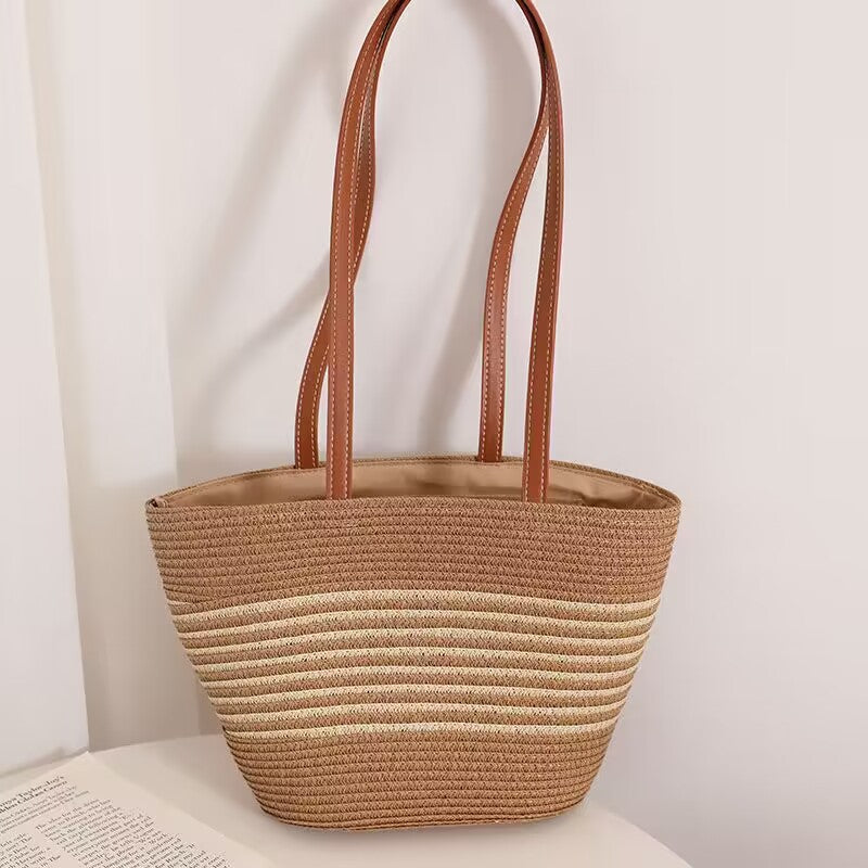 Striped Shoulder Straw Bag Woven Bag Summer Large Capacity Casual All Match Women Seaside Beach Rattan Woven Bag