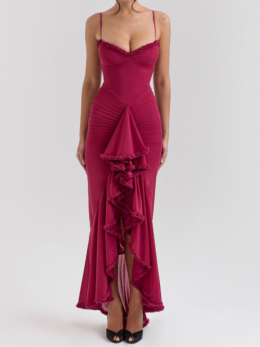 Early Autumn Women Wear High Grade Mesh Camisole Pleated Irregular Asymmetric Sleeveless Dress