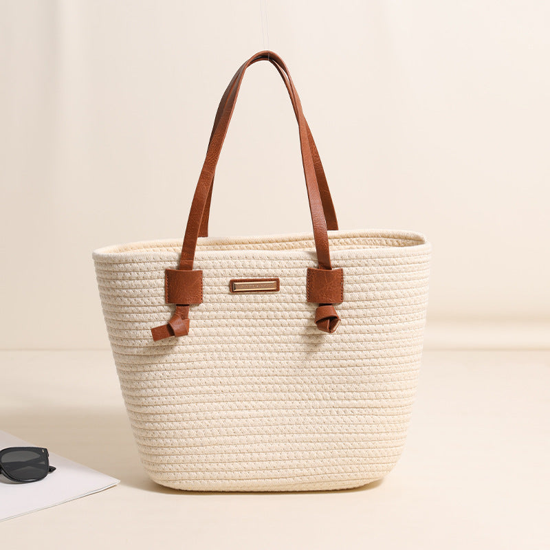 One Shoulder Cotton Thread Woven Bag Large Capacity Tote Straw Bag Vacation Beach Women Bag