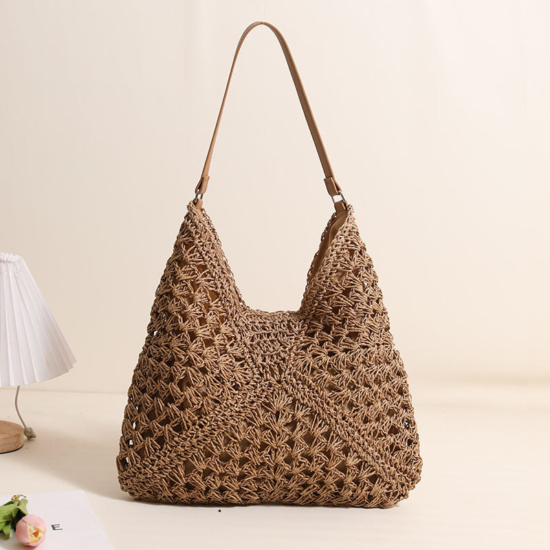 Casual Hollow Out Cutout Shoulder Straw Bag Triangle Large Capacity Straw Bag Woven Bag Vacation Beach Bag Women Bag