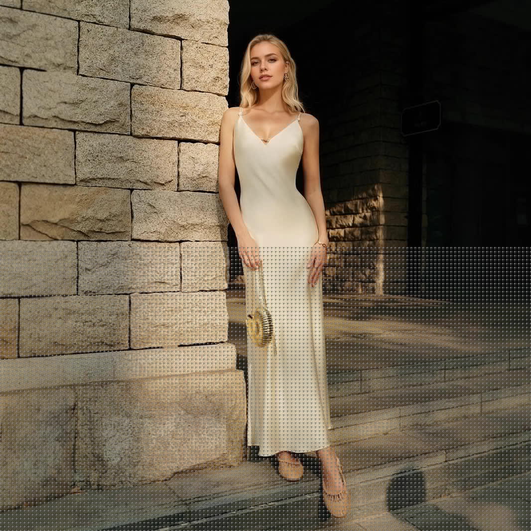 Satin Dress V neck Backless Solid Color Elegant High Grade Dress Cami Dress