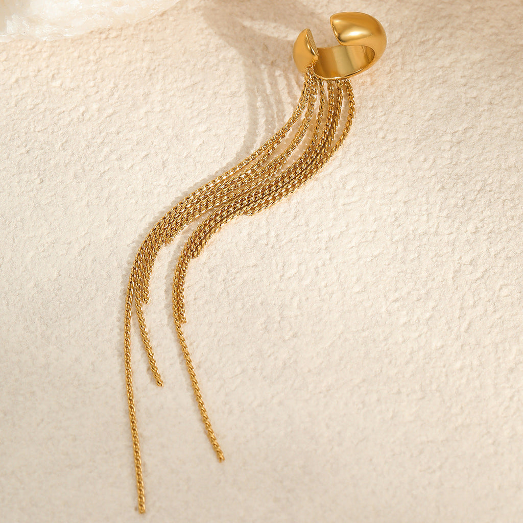 Long Tassel Stainless Steel Earrings Ear Clip 18K Gold Plating Senior Niche Ear Jewelry
