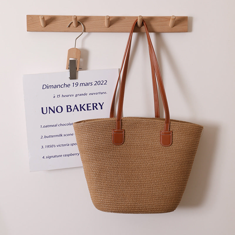 Simple Shoulder Straw Bag Woven Bag Summer Large Capacity Casual All Match Women Seaside Beach Rattan Woven Bag