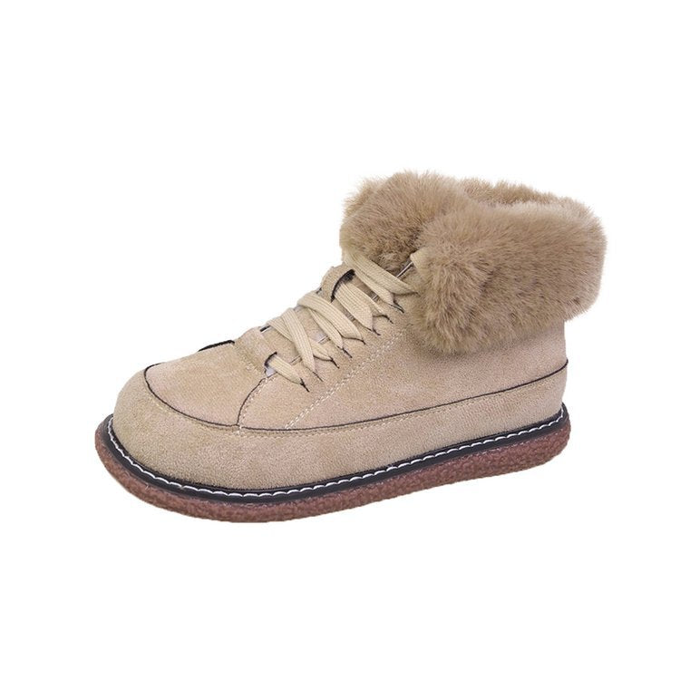 Warm Lace up Low Top Cotton Shoes Women Winter Fleece lined Thickened round Lace up Snow Platform Ankle Boots