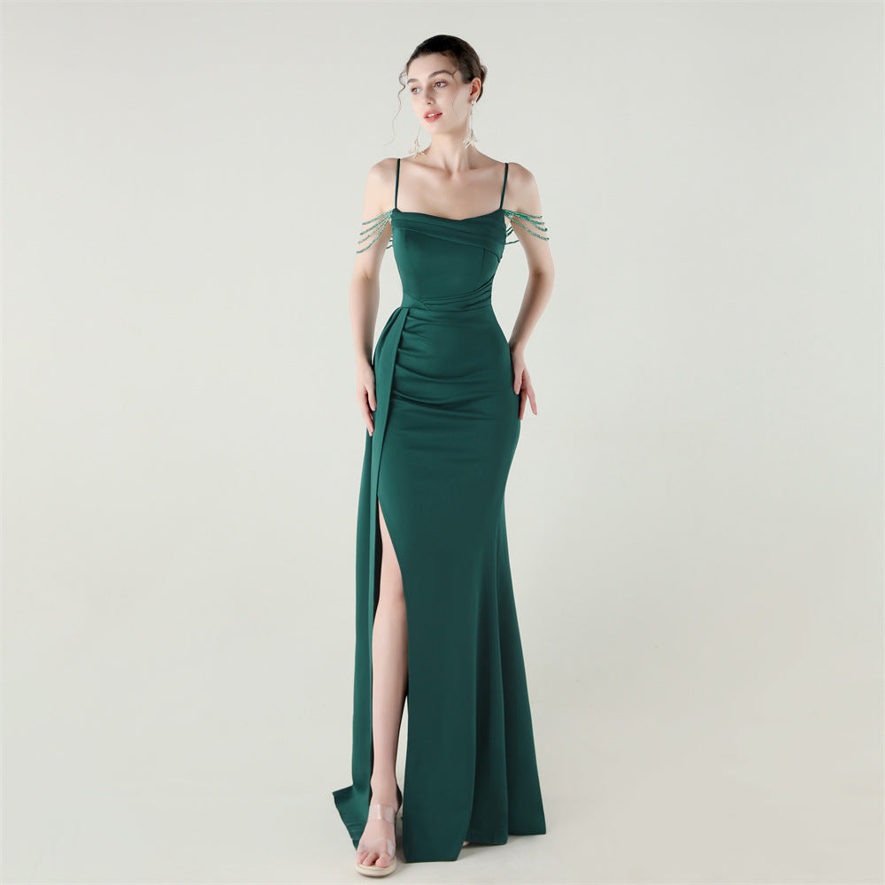 Bandeau Sling Satin Craft Beaded Chain Fishtail Evening Dress Dinner Wedding Ball