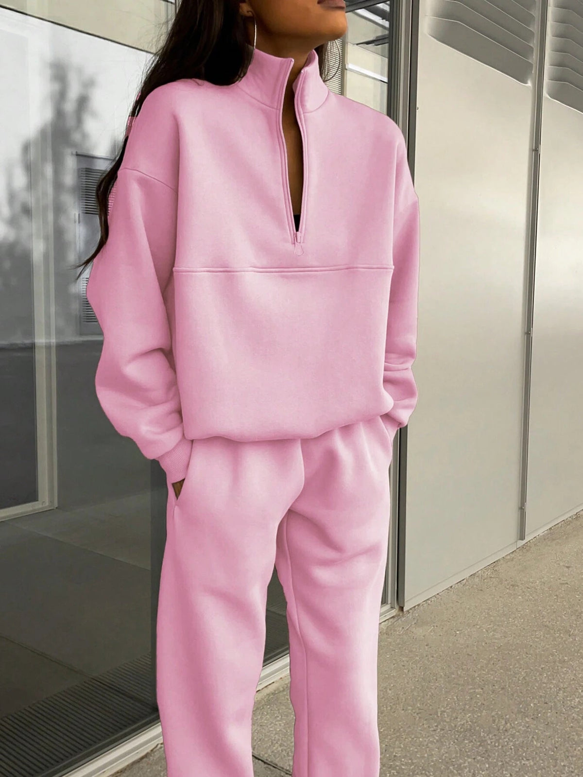 Autumn Winter Zipper Collared Solid Color Casual Two Piece Set