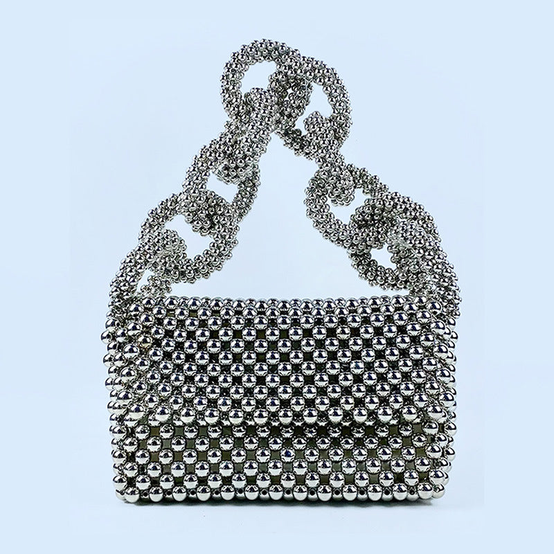 Model Light Luxury Advanced Texture Heavy Industry Beaded Solid Color Flip Ring Cocktail Small Square Bag Portable