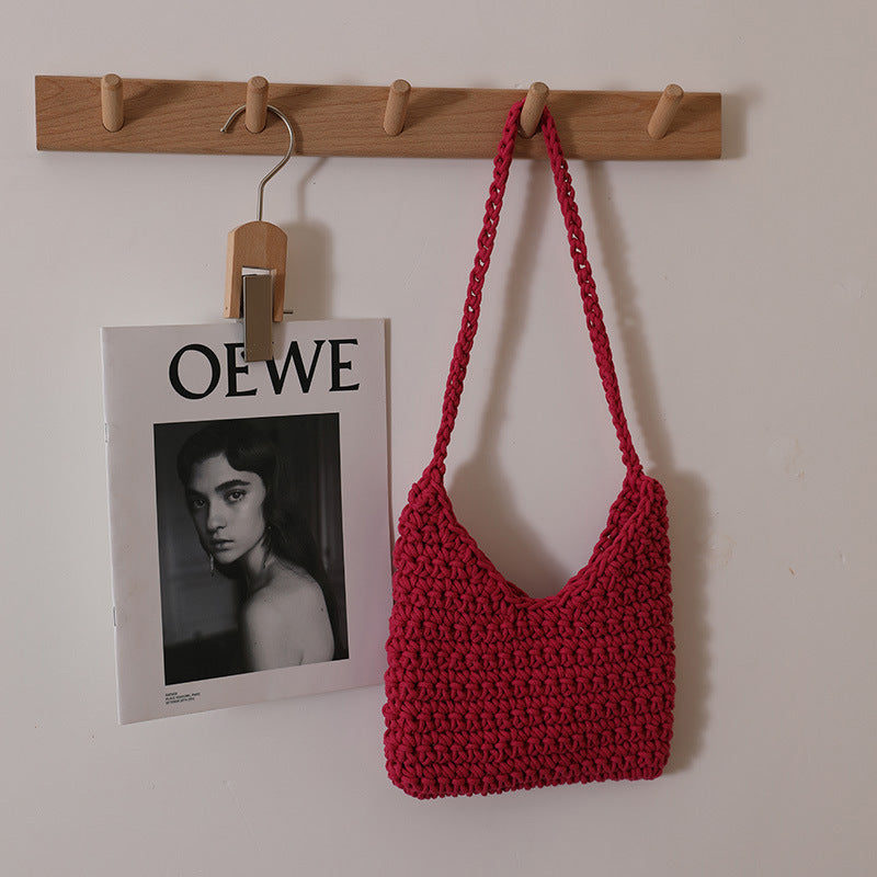 Single Shoulder Cotton Thread Woven Bag Solid Color Single Shoulder Women Bag Casual Underarm Bag Vacation Beach Bag