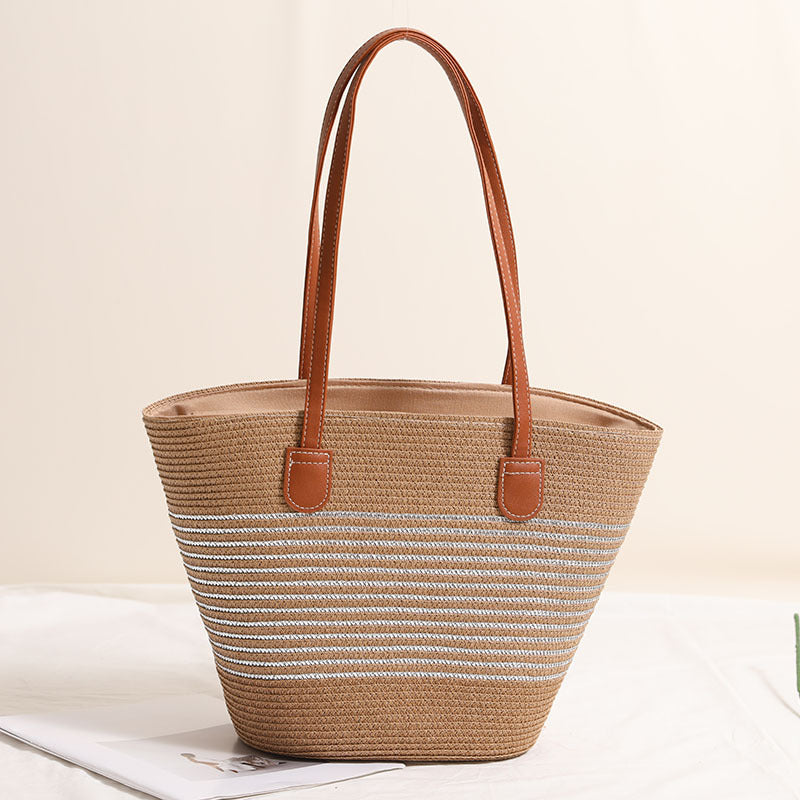 Gold Silver Thread Striped Straw Bag One Shoulder Woven Bag Vacation Beach Bag Women Bag