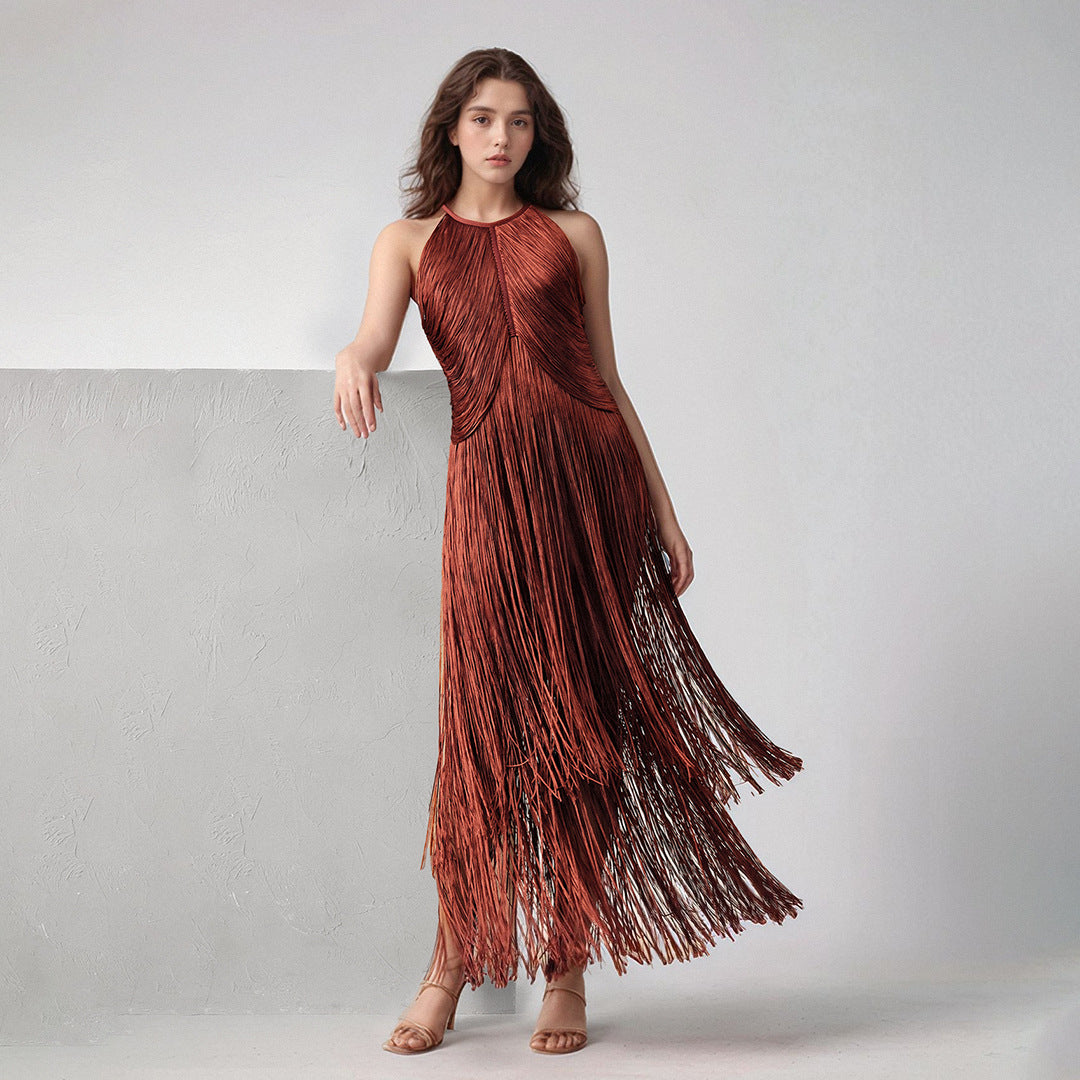 Design Tassel Sleeveless Waist Tight Bandage One Piece Dress Ladies Party Stage Performance Dress Women Clothing