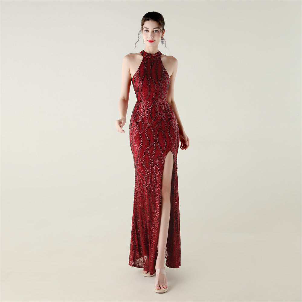 Sequin Mesh Heavy Industry Beaded Tube Floral Evening Dress Sexy Backless Fishtail Party Dinner Party Red Carpet