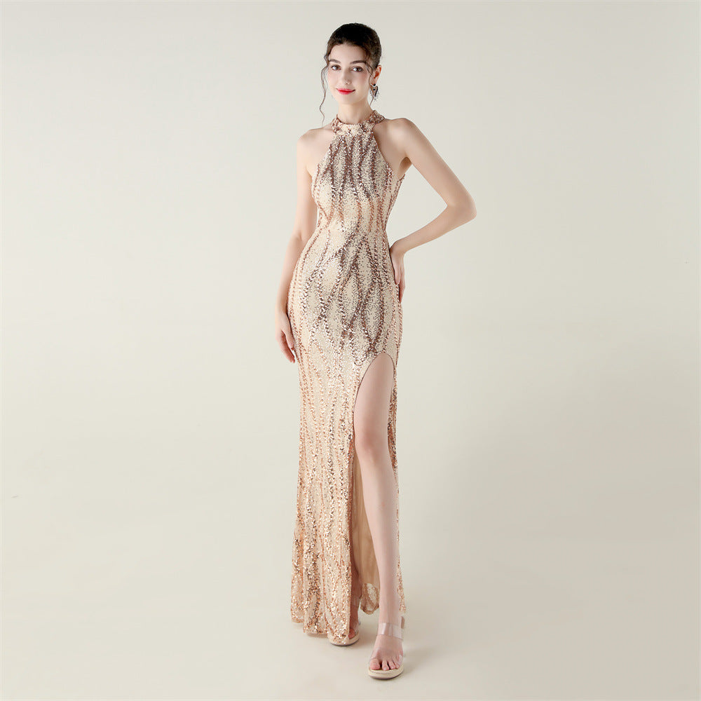 Sequin Mesh Heavy Industry Beaded Tube Floral Evening Dress Sexy Backless Fishtail Party Dinner Party Red Carpet
