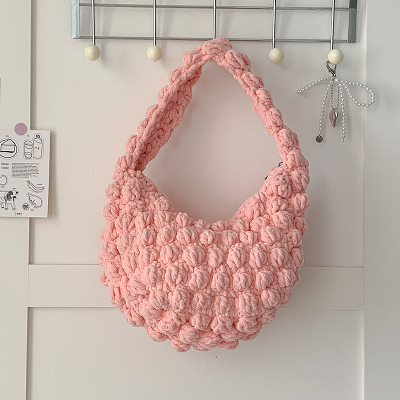 Cute Portable Beanie Straw Bag Handmade Crocheted Solid Color Hand Carrying Woven Bag Women Seaside Vacation Beach Bag