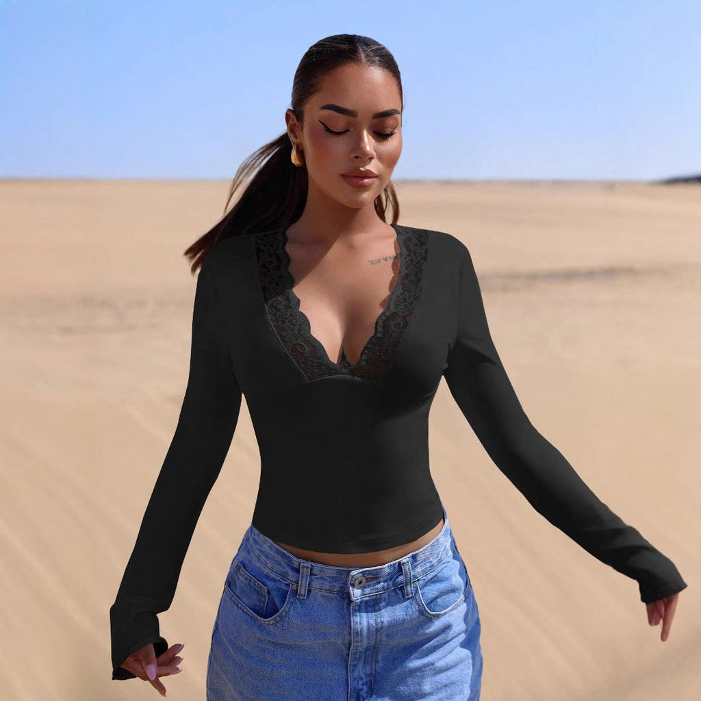 V neck Stitching Lace Sexy Long Sleeve Slim Fit Top