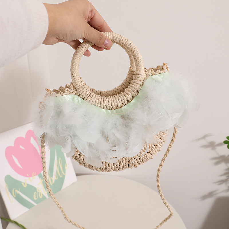 Fairy Feather Crossbody Straw Bag Cute Portable Semicircle Straw Bag Woven Bag Rattan Weave Bag Seaside Vacation Beach Bag