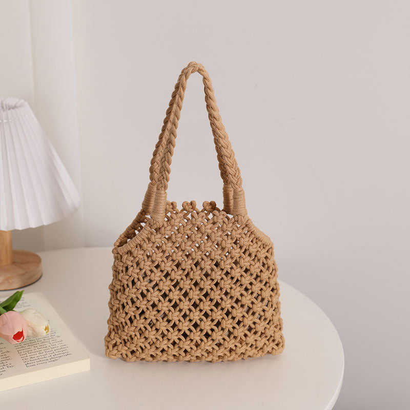 Hollow Out Cutout Cotton Thread Woven Bag Summer Cotton String Women Bag Portable Solid Color Straw Bag Vacation Beach Bag