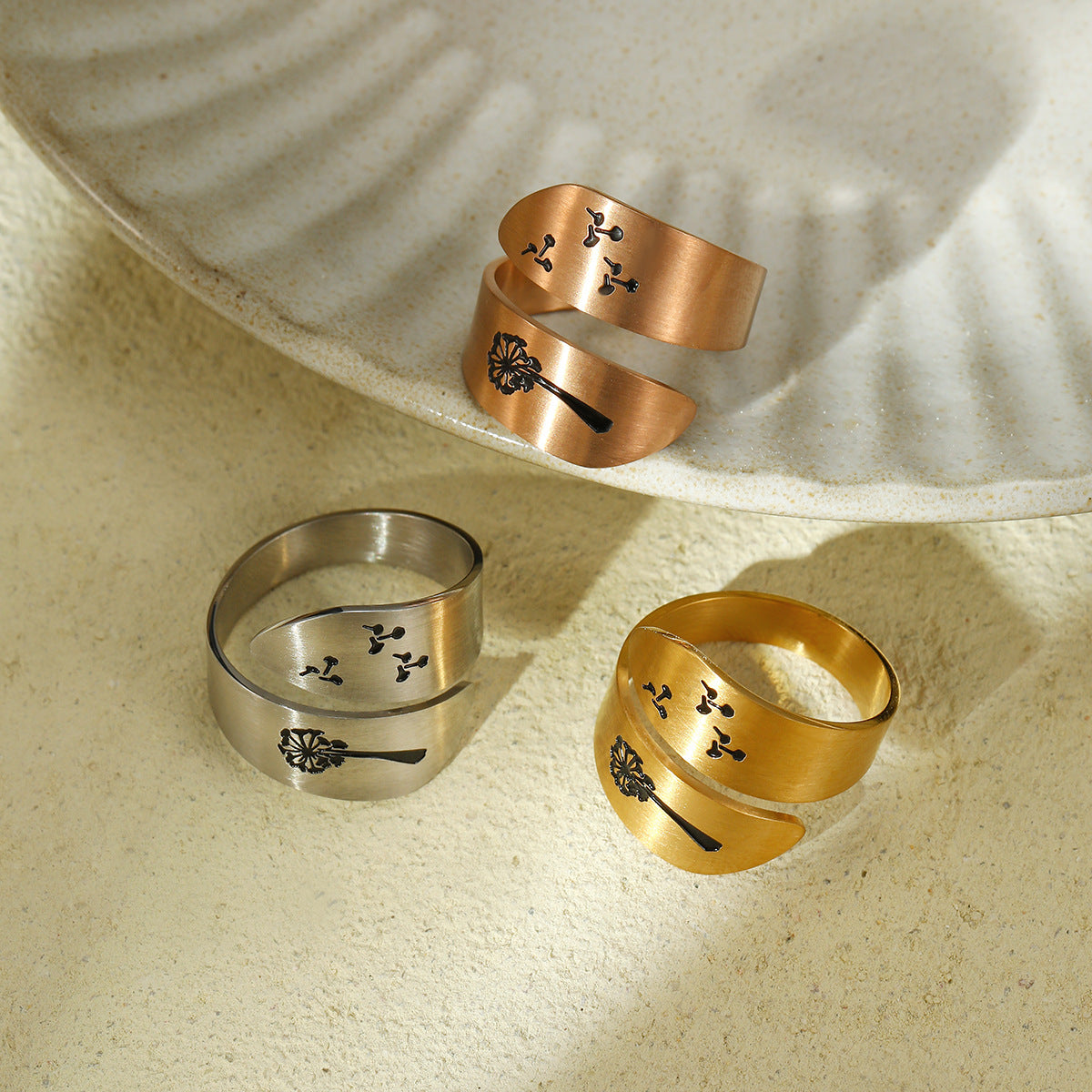 Arrival Corrosion Dripping Dandelion Titanium Steel Open End Ring Printing Casual Stainless Steel Adjustable Ring