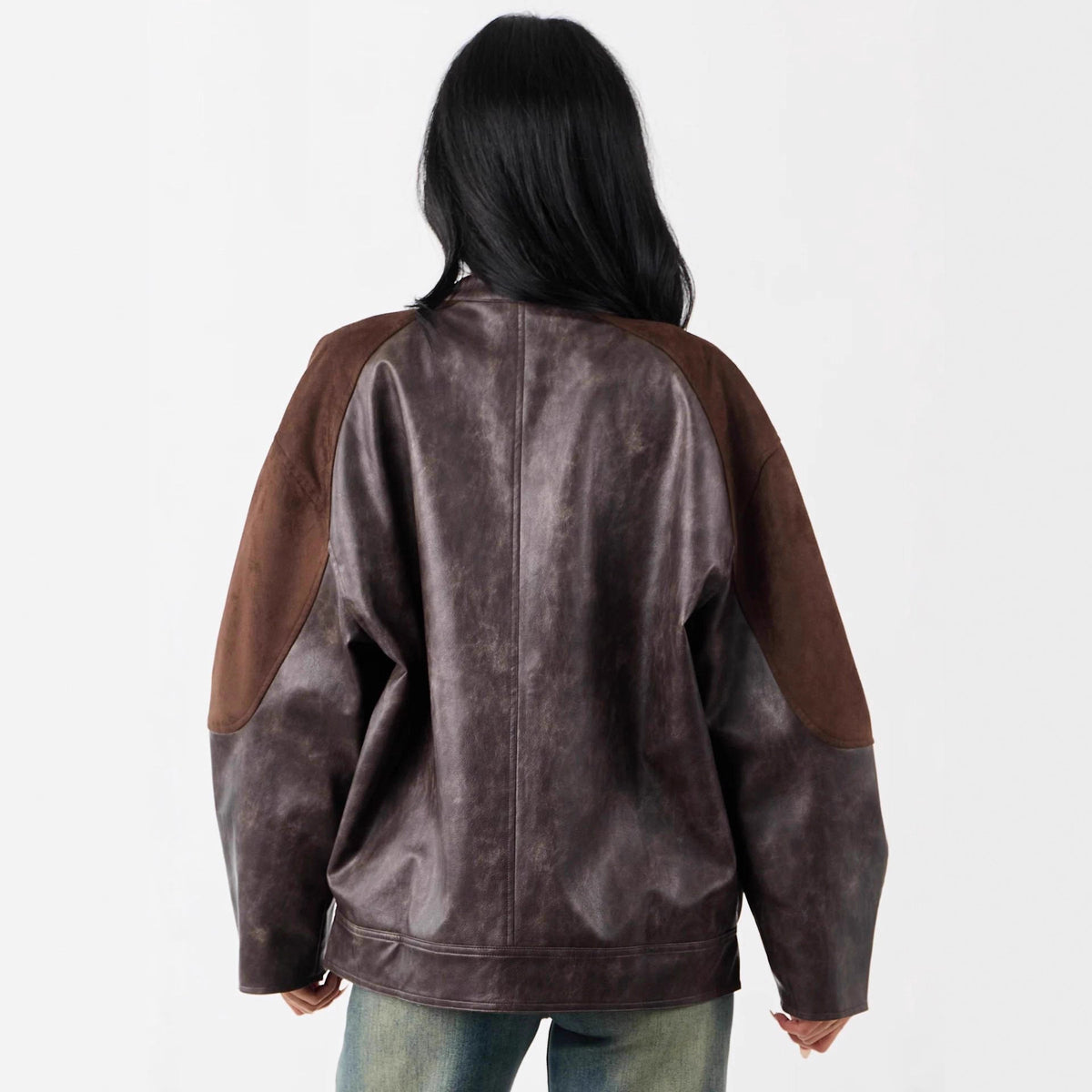 Vintage Faux Leather Stitching Contrast Color Coat Sexy Rope Design Hip Skirt Sets