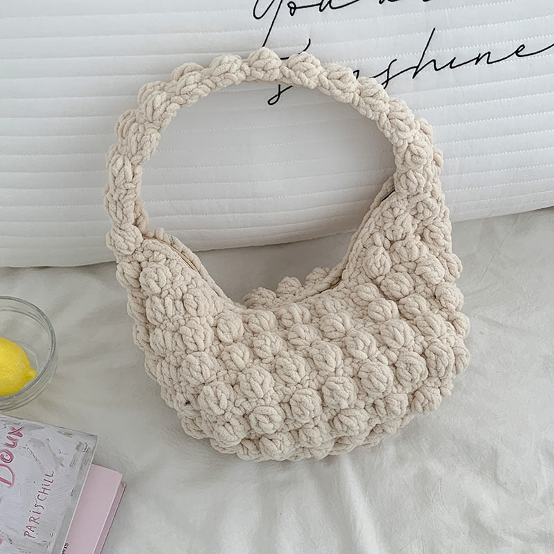 Cute Portable Beanie Straw Bag Handmade Crocheted Solid Color Hand Carrying Woven Bag Women Seaside Vacation Beach Bag