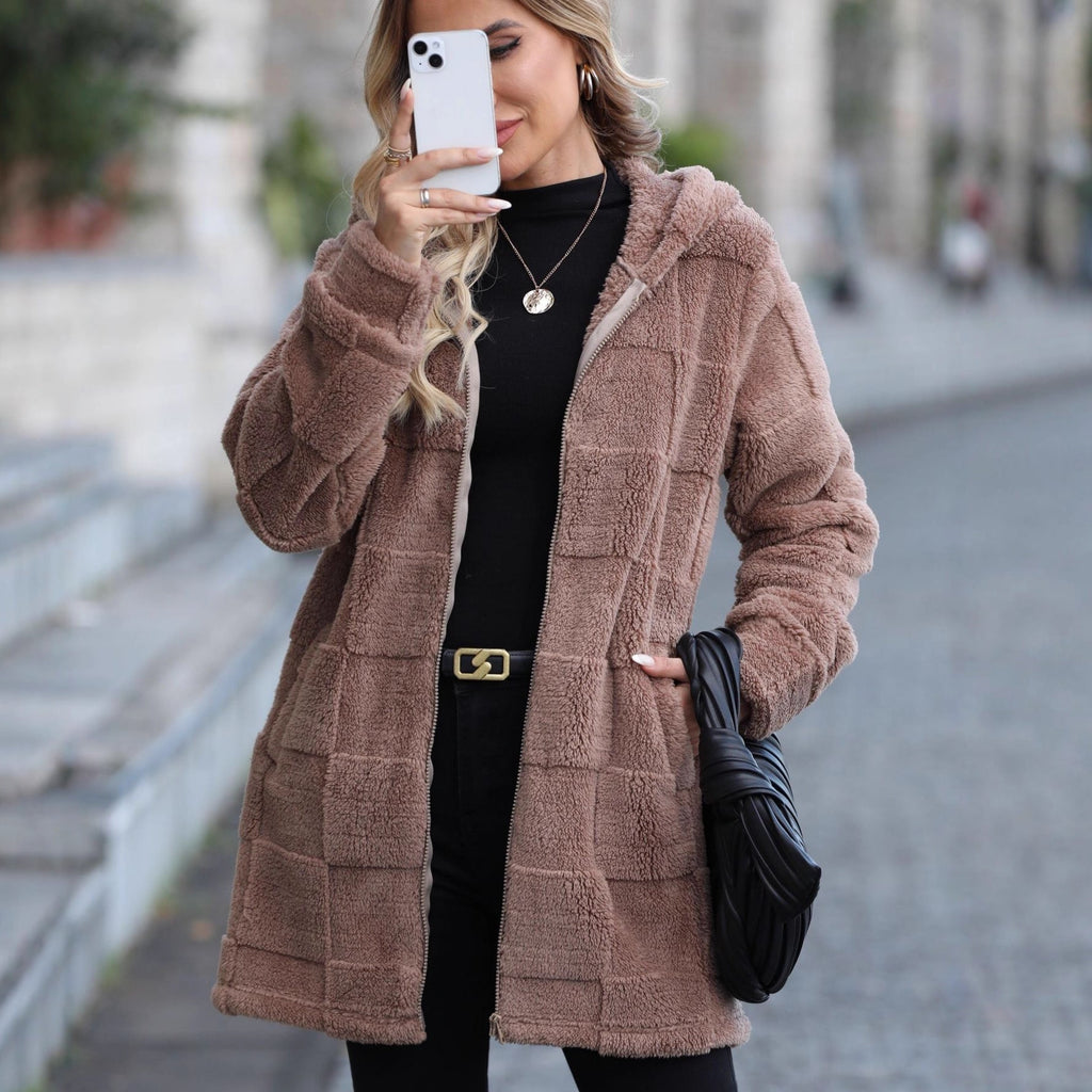 Autumn Winter Women Clothing Loose Hooded Long Cardigan Plush Coat