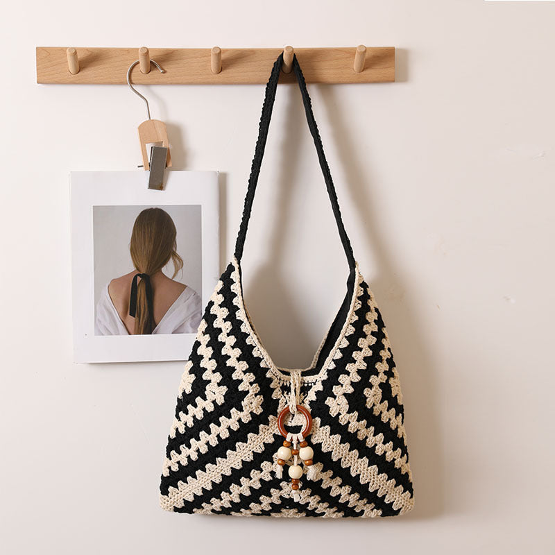 Ethnic Single Shoulder Cotton Thread Woven Bag Color Grandmother Grid Straw Bag Vacation Beach Bag Women Bag