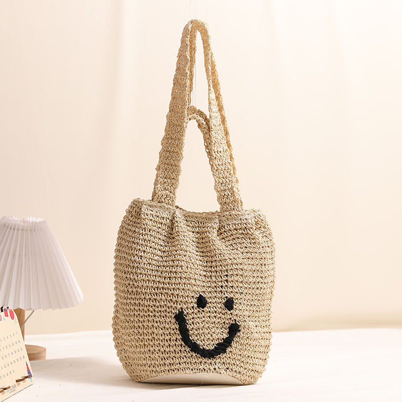 Casual Smiley Face One Shoulder Cotton Thread Woven Bag Fresh Portable Office Straw Bag Seaside Vacation Beach Bag