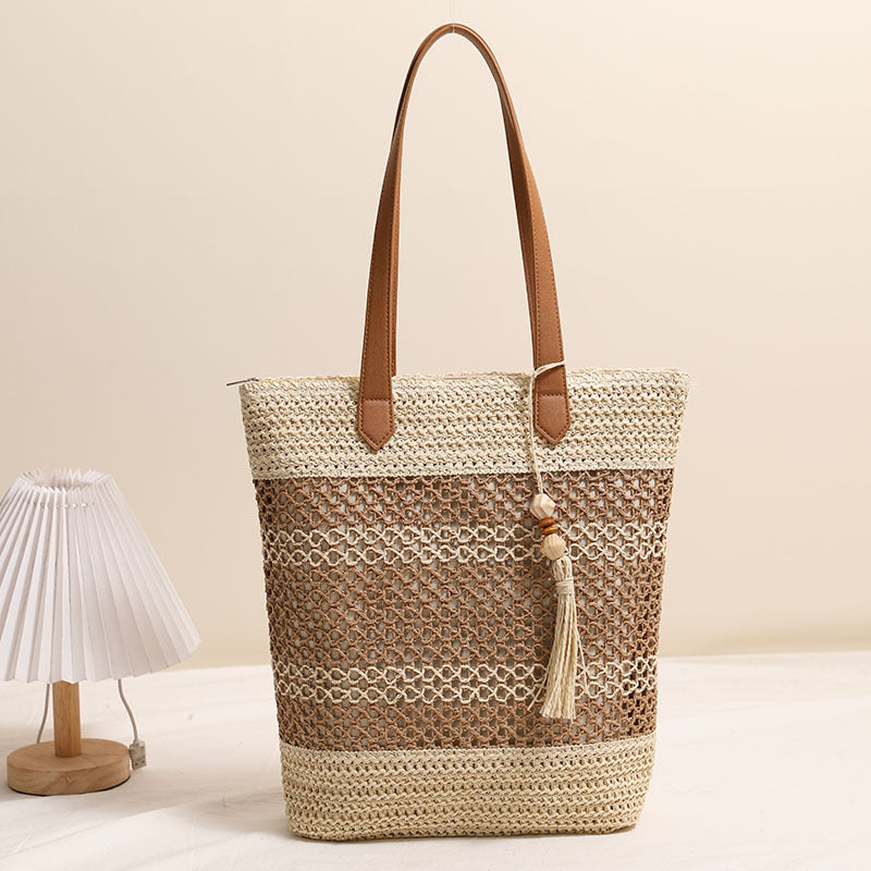 Tassel Shoulder Straw Bag Striped Hollow Out Cutout Straw Bag Woven Bag Vacation Beach Bag