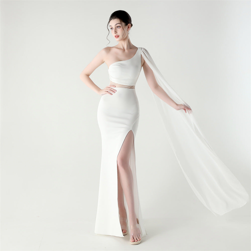 Single Shoulder Crossbody Stitching Mesh Design Satin Slim Cocktail Dress Evening Dress