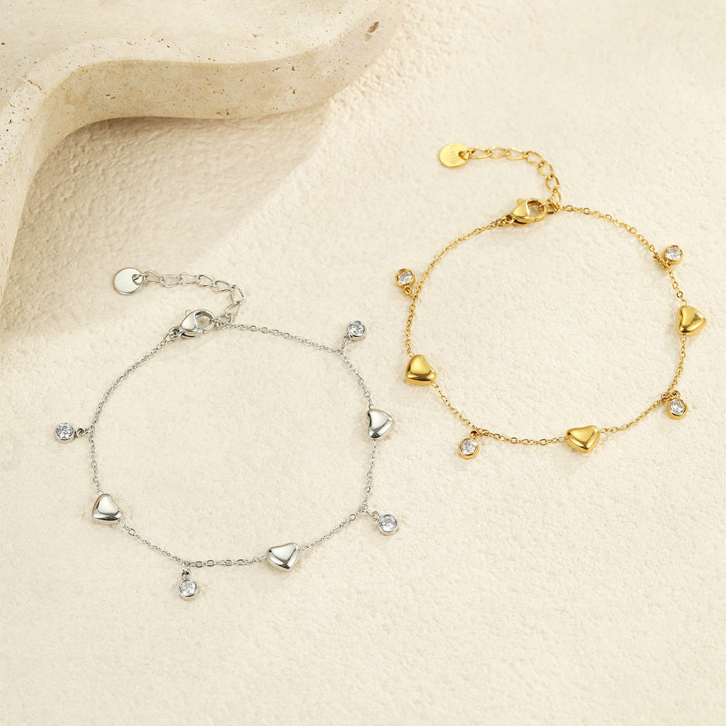 Refined Simple Stainless Steel Loving Heart Zircon Bracelet Non Fading Simple Hand Jewelry