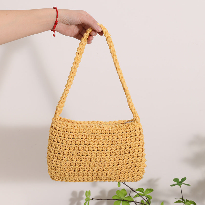 All Match Shoulder Cotton Thread Woven Bag Fresh Square Underarm Bag Straw Bag Solid Color Office Handbag Women
